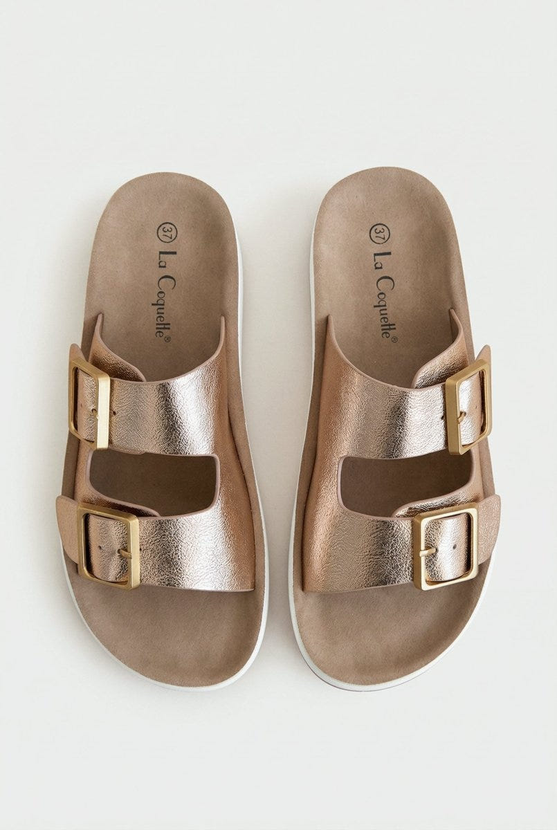 La Coquette - Flatform Sandals Buckle Detail - Champagne Metallic