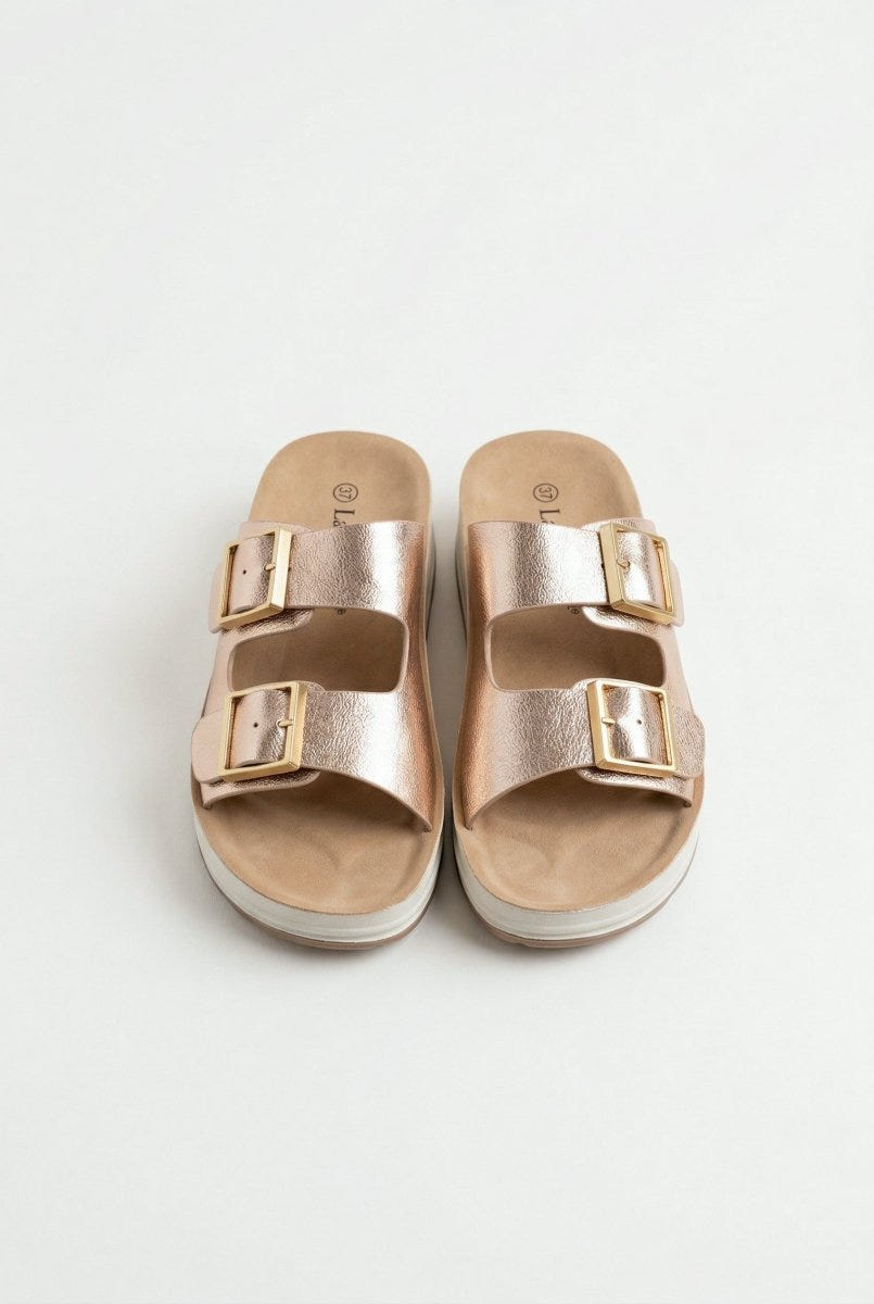 La Coquette - Flatform Sandals Buckle Detail - Champagne Metallic