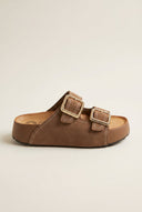 ATENEO - Flatform Sandals Buckle Detail - Taupe Suede