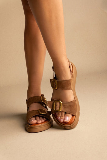 TFP - Flatform Sandals Buckle Detail - Taupe Suede