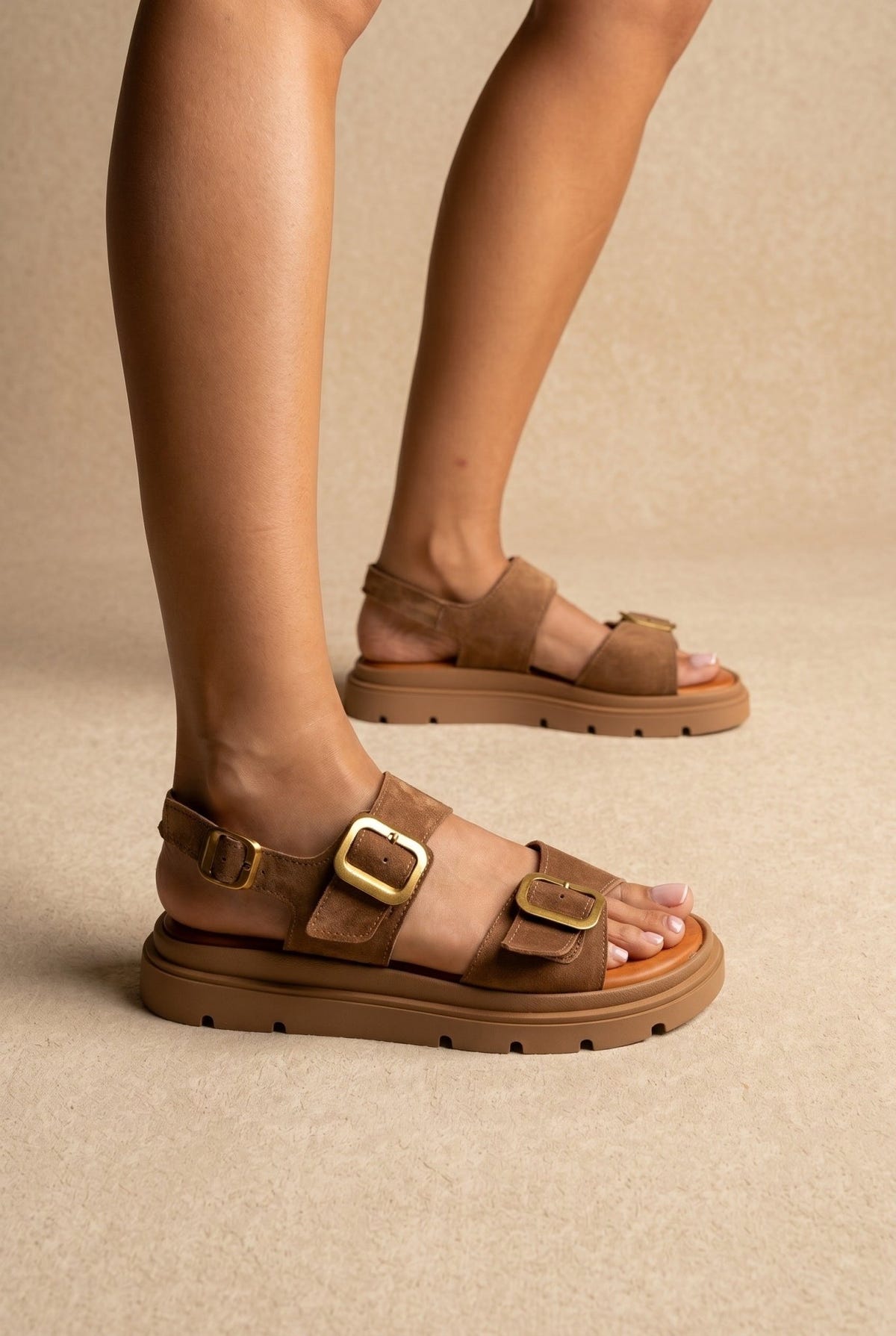 TFP - Flatform Sandals Buckle Detail - Taupe Suede