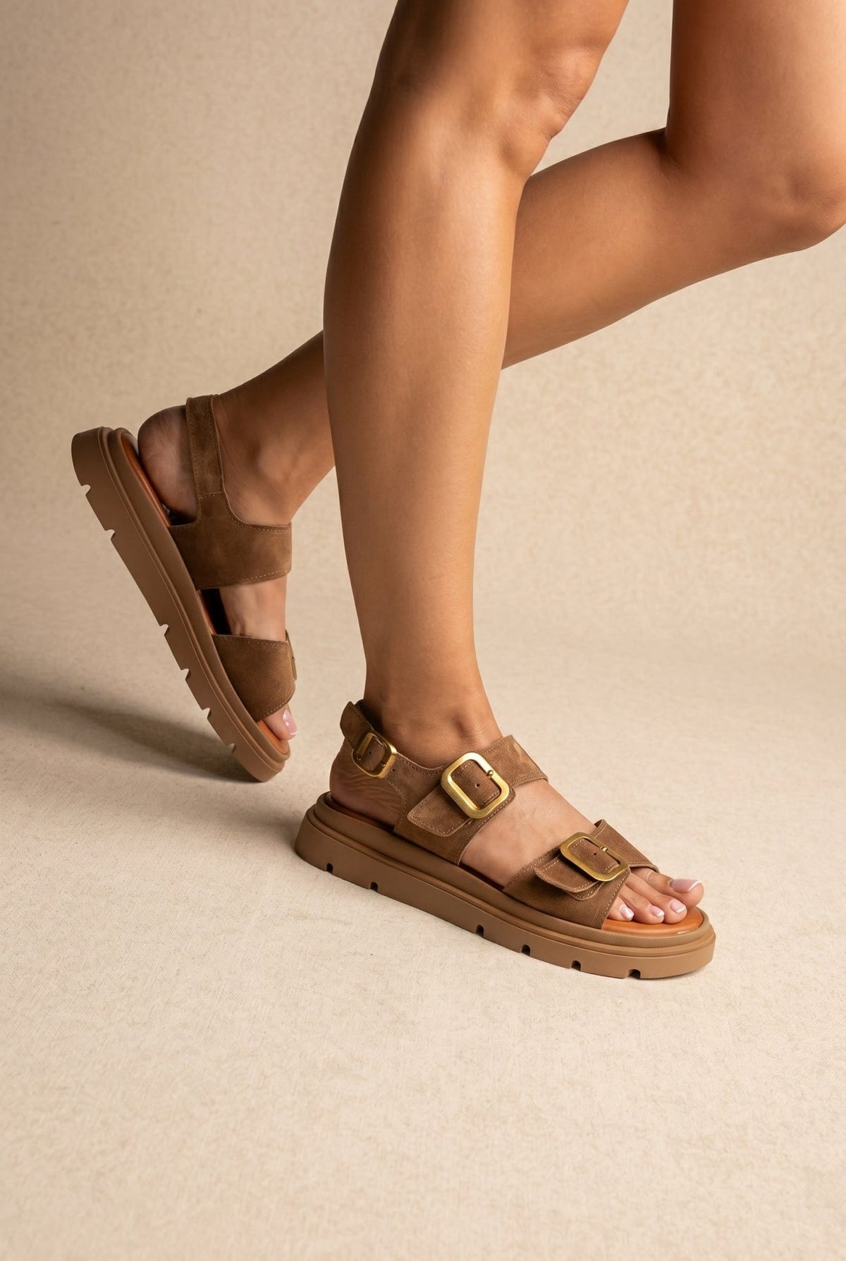 TFP - Flatform Sandals Buckle Detail - Taupe Suede