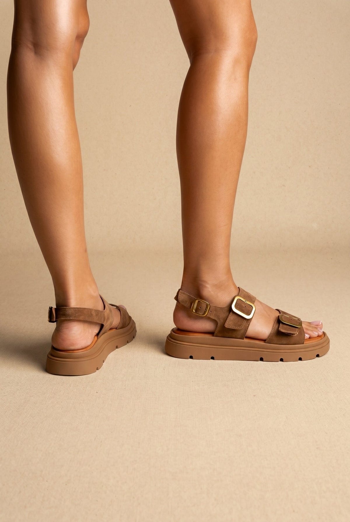 TFP - Flatform Sandals Buckle Detail - Taupe Suede