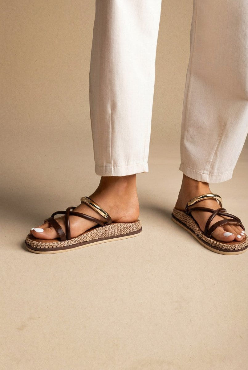 ERYNN - Flatform Sandals Metal Detail - Brown Matte