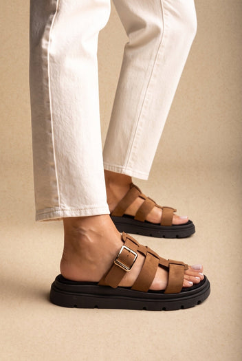 TFP - Flatform Sandals Side Buckle - Mocha Suede