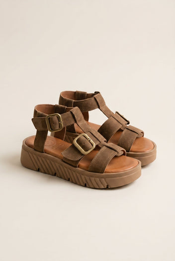 TFP - Flatform Sandals Side Buckle - Taupe Suede