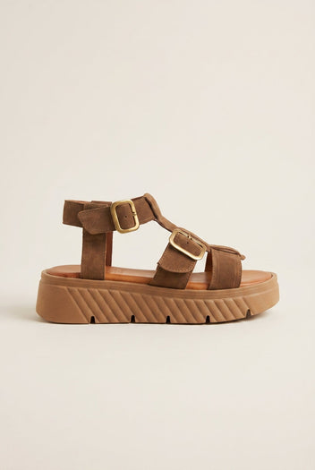 TFP - Flatform Sandals Side Buckle - Taupe Suede