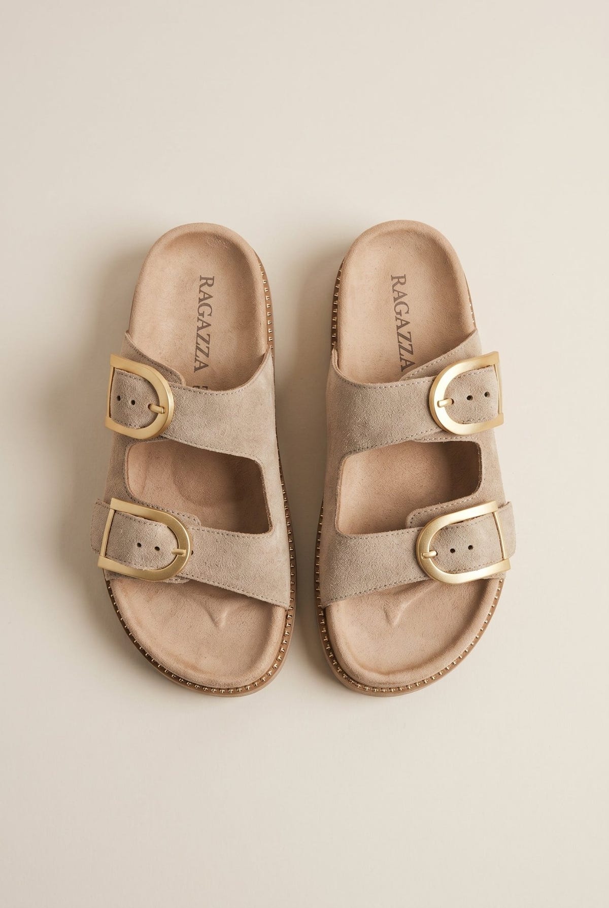 RAGAZZA - Flatform Sandals Statement Buckle - Beige Suede