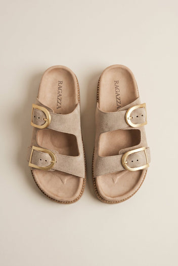 RAGAZZA - Flatform Sandals Statement Buckle - Beige Suede