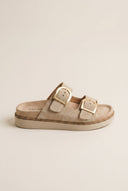RAGAZZA - Flatform Sandals Statement Buckle - Beige Suede