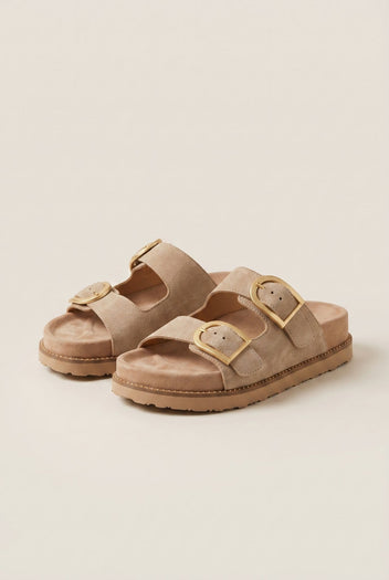 RAGAZZA - Flatform Sandals Statement Buckle - Beige Suede