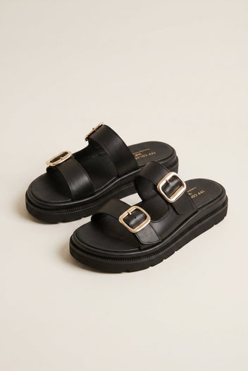 TFP - Flatform Sandals Statement Buckle - Black Matte