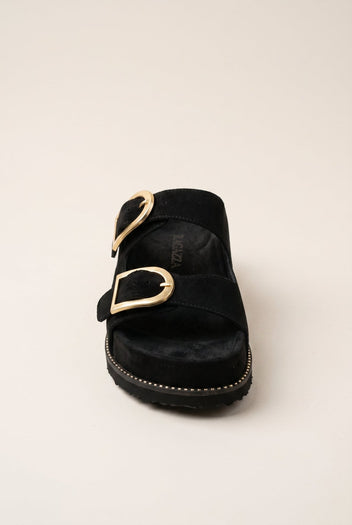 RAGAZZA - Flatform Sandals Statement Buckle - Black Suede