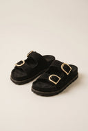 RAGAZZA - Flatform Sandals Statement Buckle - Black Suede