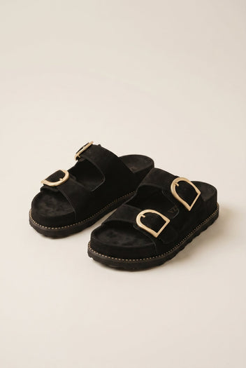 RAGAZZA - Flatform Sandals Statement Buckle - Black Suede