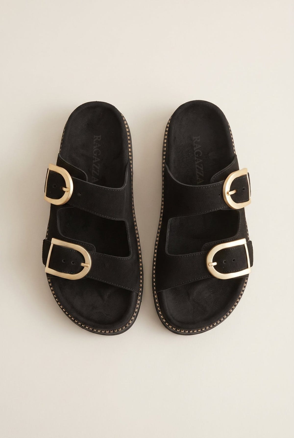 RAGAZZA - Flatform Sandals Statement Buckle - Black Suede
