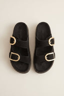 RAGAZZA - Flatform Sandals Statement Buckle - Black Suede