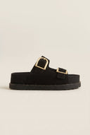 RAGAZZA - Flatform Sandals Statement Buckle - Black Suede