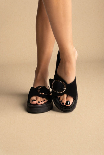 TFP - Flatform Sandals Statement Buckle - Black Suede