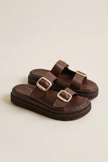 TFP - Flatform Sandals Statement Buckle - Brown Matte