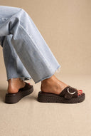 TFP - Flatform Sandals Statement Buckle - Dark Brown Suede