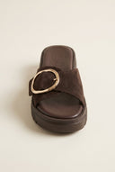 TFP - Flatform Sandals Statement Buckle - Dark Brown Suede