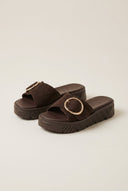 TFP - Flatform Sandals Statement Buckle - Dark Brown Suede