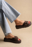TFP - Flatform Sandals Statement Buckle - Dark Brown Suede