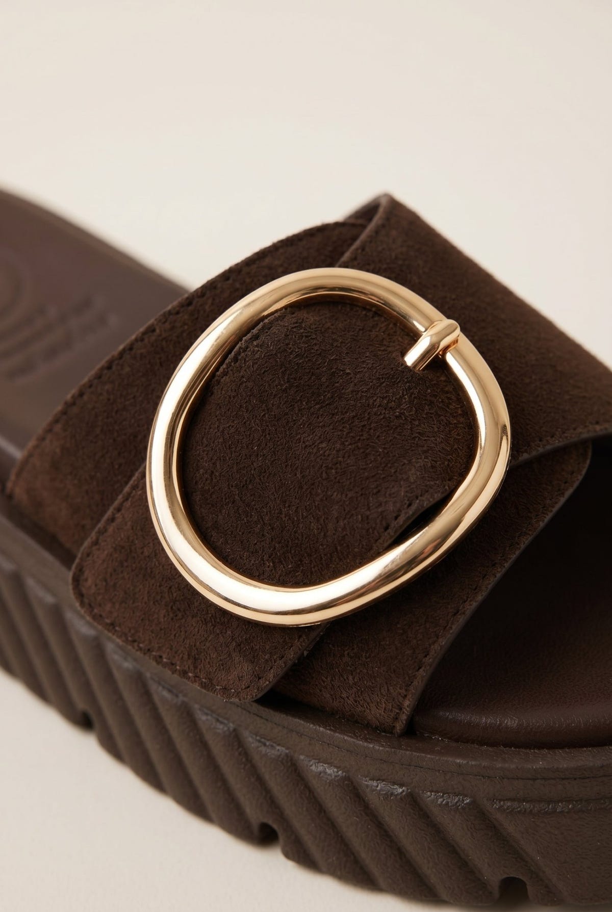 TFP - Flatform Sandals Statement Buckle - Dark Brown Suede