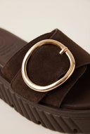 TFP - Flatform Sandals Statement Buckle - Dark Brown Suede