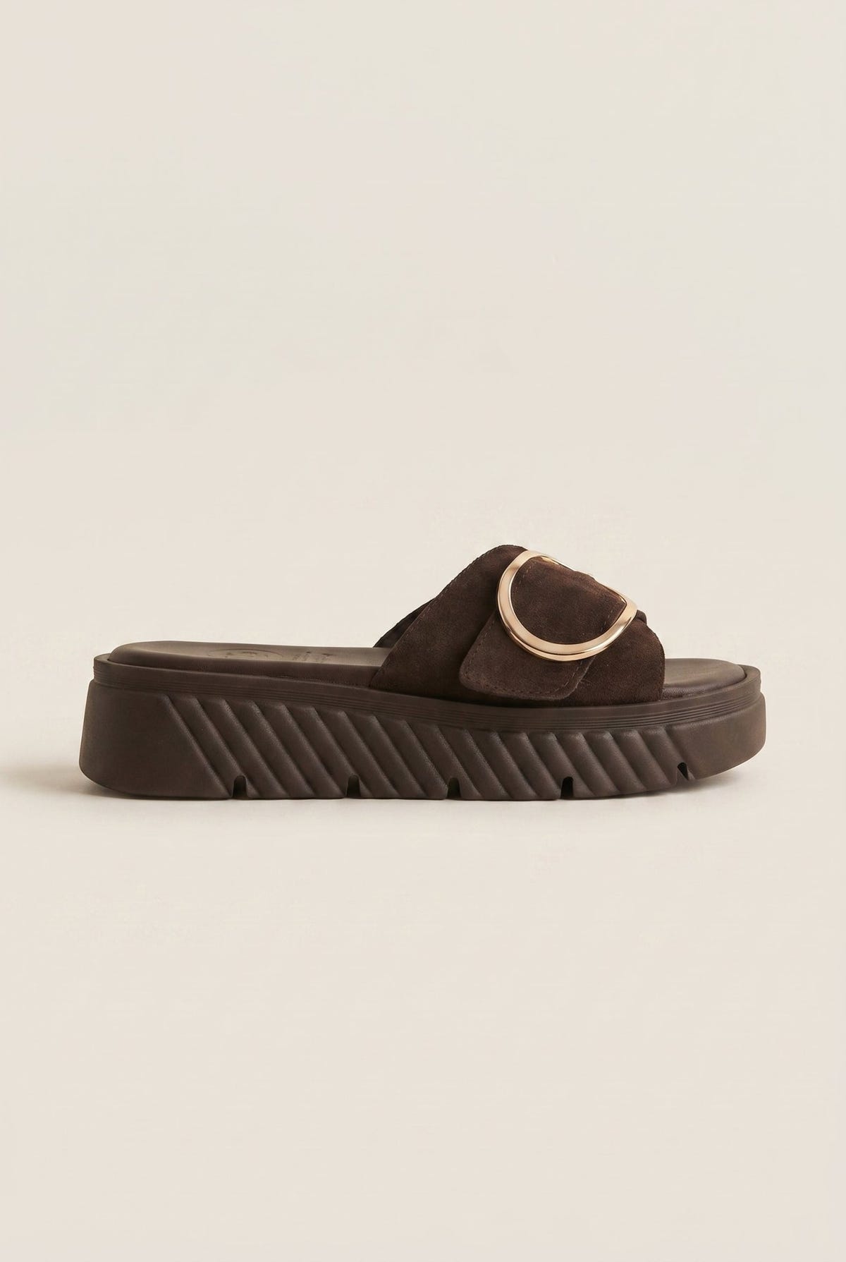 TFP - Flatform Sandals Statement Buckle - Dark Brown Suede