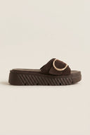 TFP - Flatform Sandals Statement Buckle - Dark Brown Suede