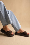 TFP - Flatform Sandals Statement Buckle - Dark Brown Suede