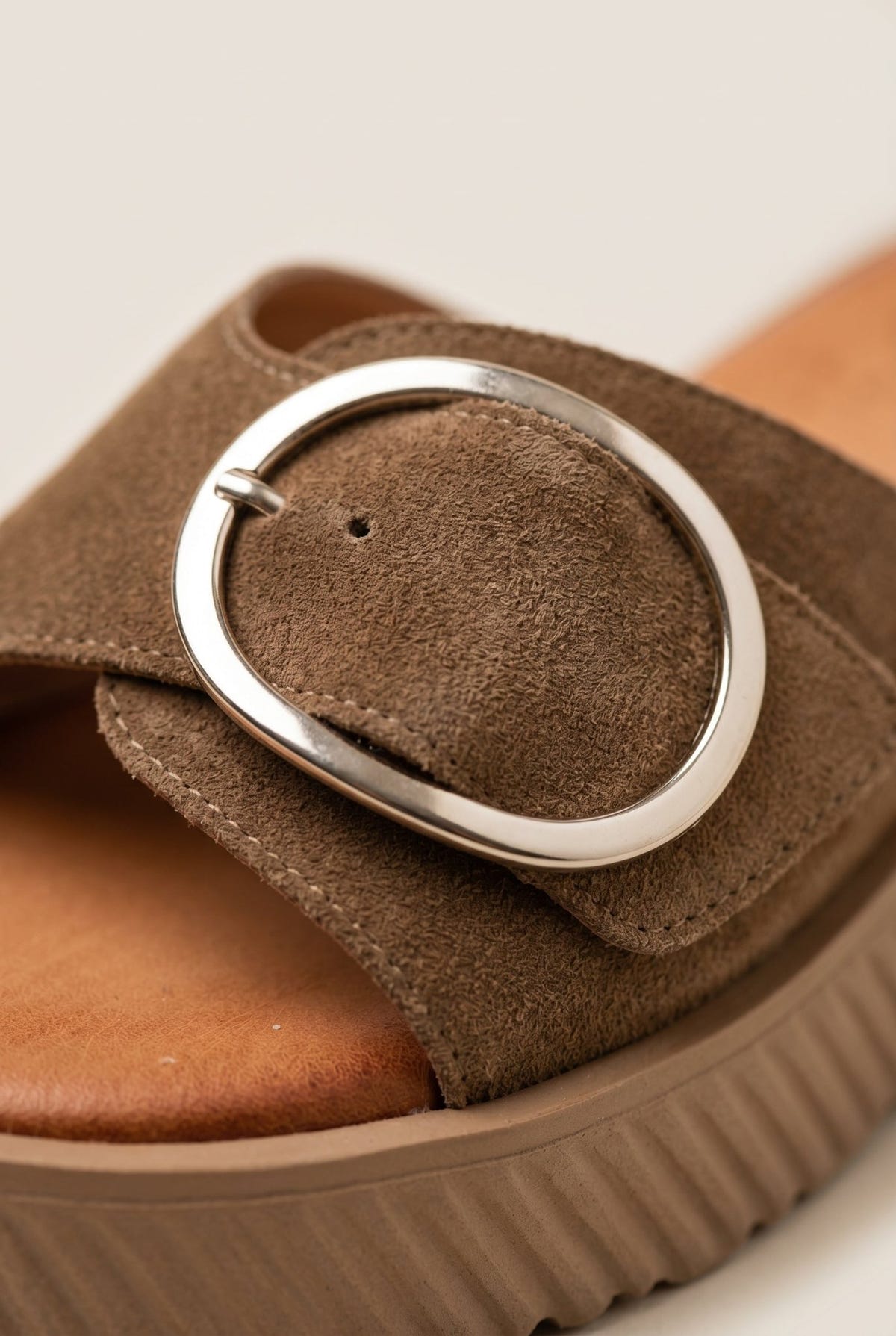 TFP - Flatform Sandals Statement Buckle - Taupe Suede