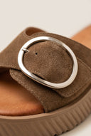TFP - Flatform Sandals Statement Buckle - Taupe Suede