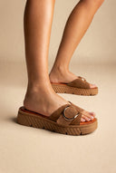 TFP - Flatform Sandals Statement Buckle - Taupe Suede