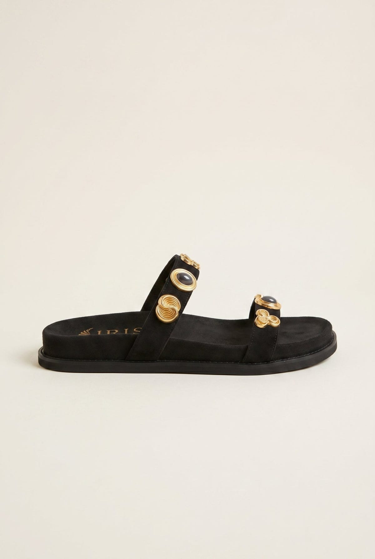 IRIS - Flatform Sandals Stone Detail - Black Suede