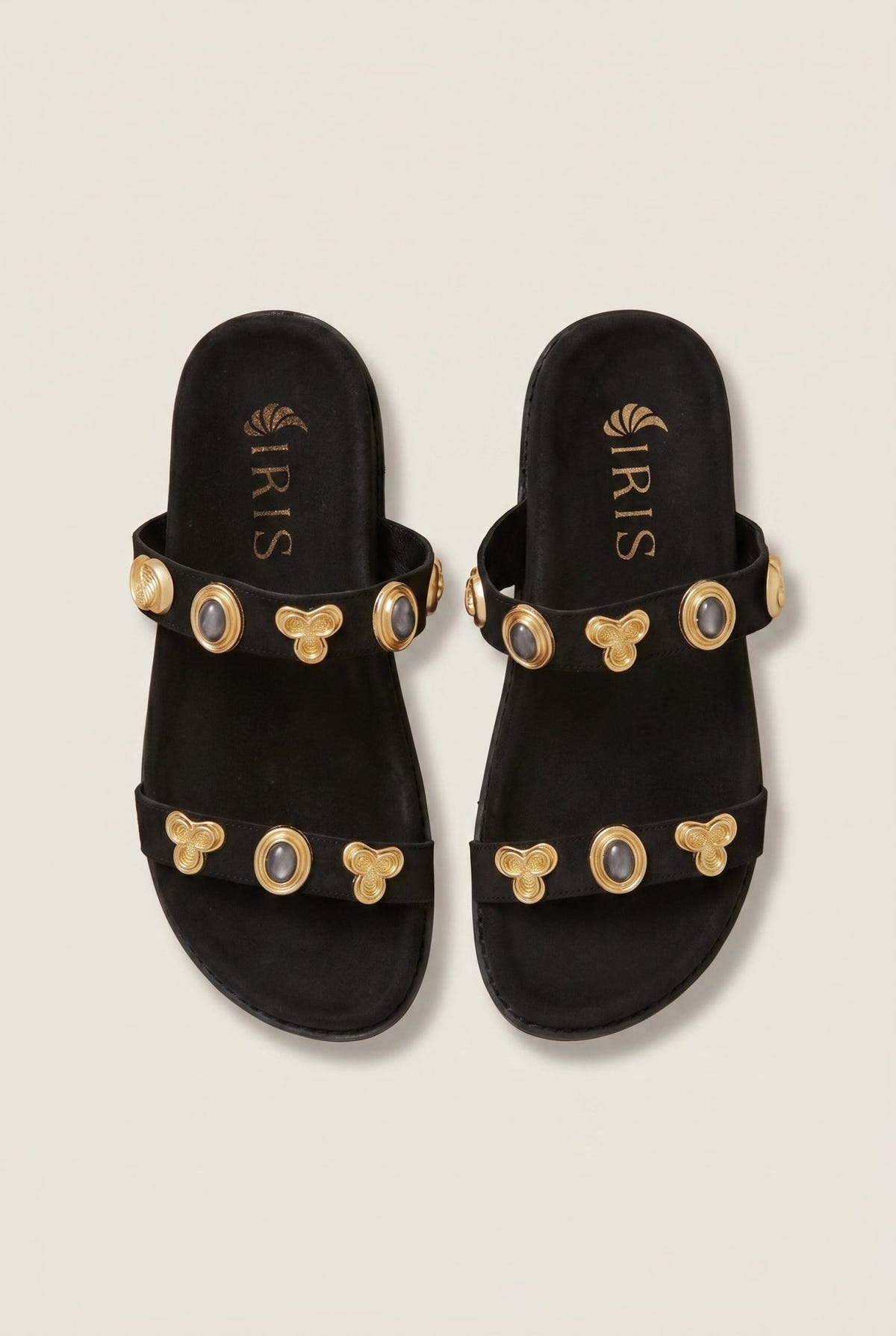 IRIS - Flatform Sandals Stone Detail - Black Suede