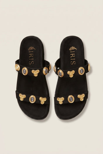 IRIS - Flatform Sandals Stone Detail - Black Suede