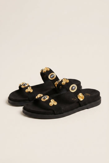 IRIS - Flatform Sandals Stone Detail - Black Suede