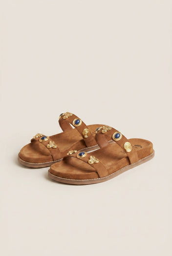 IRIS - Flatform Sandals Stone Detail - Tan Suede