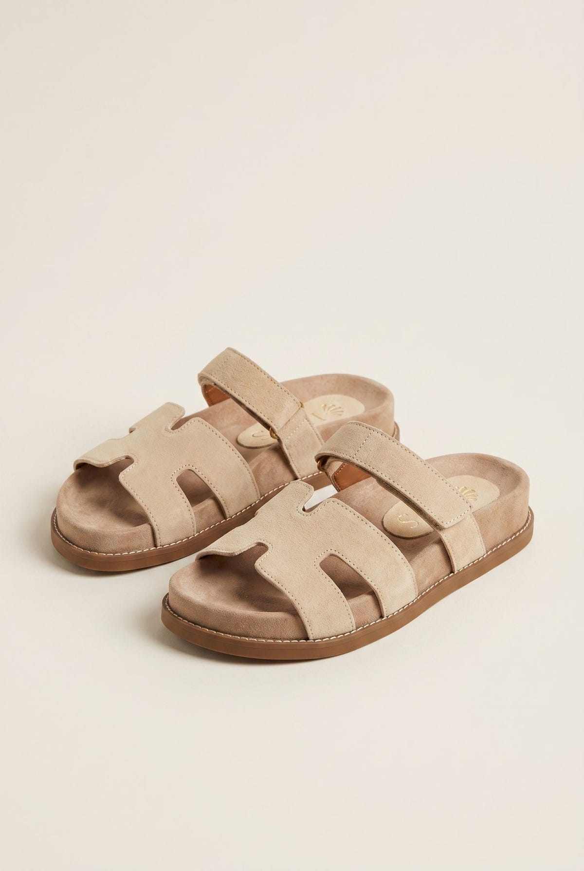 IRIS - Flatform Sandals Velcro Strap - Beige Suede