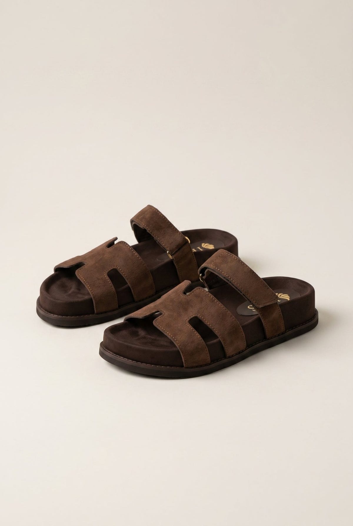IRIS - Flatform Sandals Velcro Strap - Brown Suede