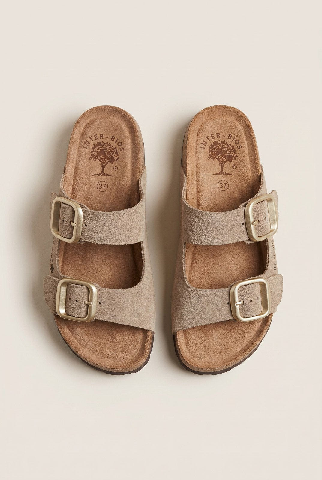 Inter - Bios - Flatform Sandals Wide Strap Buckle - Beige Suede