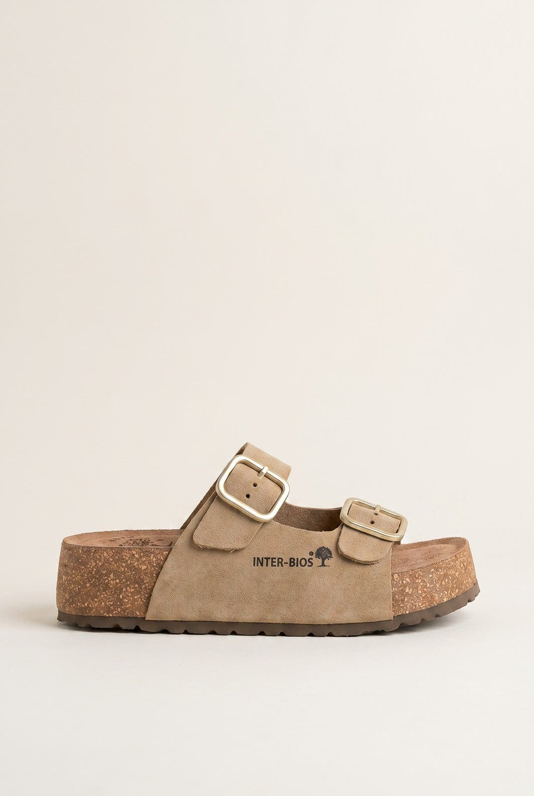 Inter - Bios - Flatform Sandals Wide Strap Buckle - Beige Suede