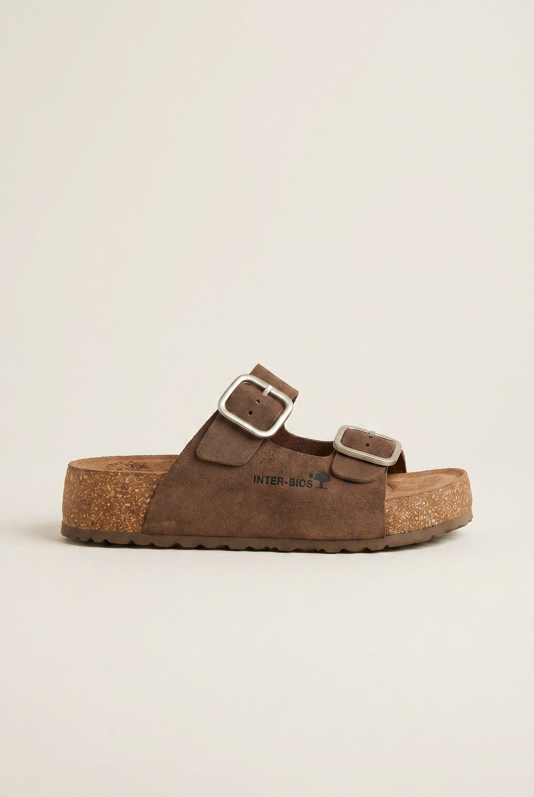 Inter - Bios - Flatform Sandals Wide Strap Buckle - Brown Suede