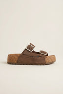 Inter - Bios - Flatform Sandals Wide Strap Buckle - Brown Suede