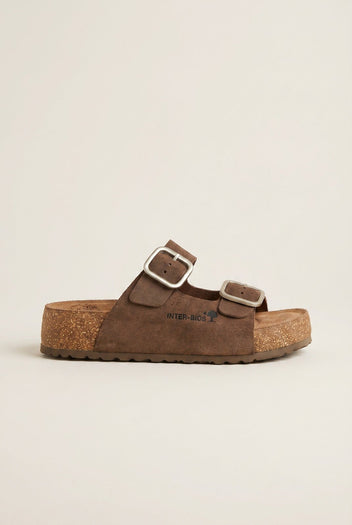 Inter - Bios - Flatform Sandals Wide Strap Buckle - Brown Suede