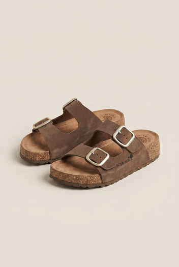 Inter - Bios - Flatform Sandals Wide Strap Buckle - Brown Suede