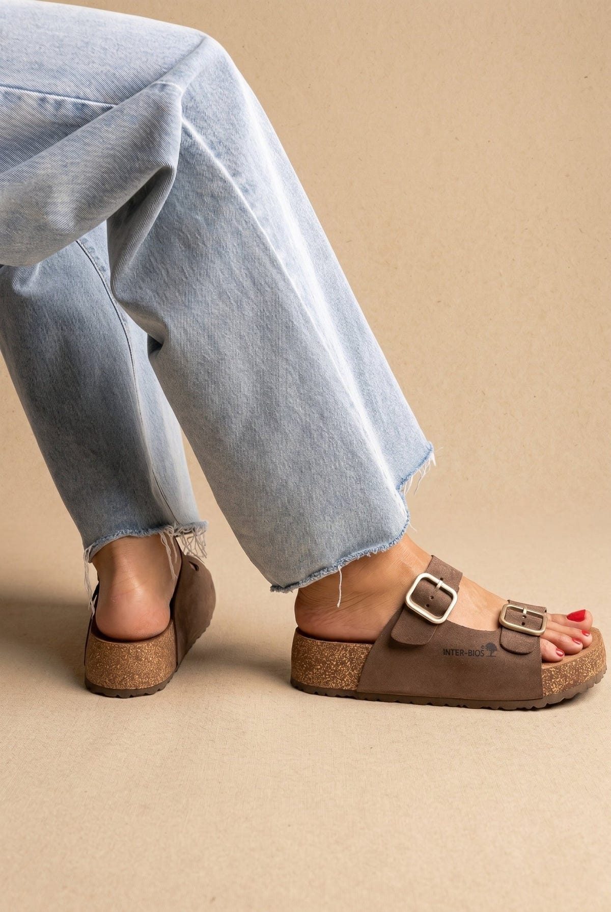 Inter - Bios - Flatform Sandals Wide Strap Buckle - Brown Suede